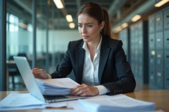 Femme d'affaires concentrée examinant des documents d'export
