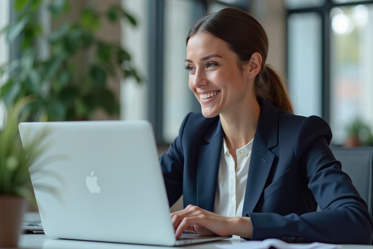 Femme d'affaires souriante analysant des graphiques marketing