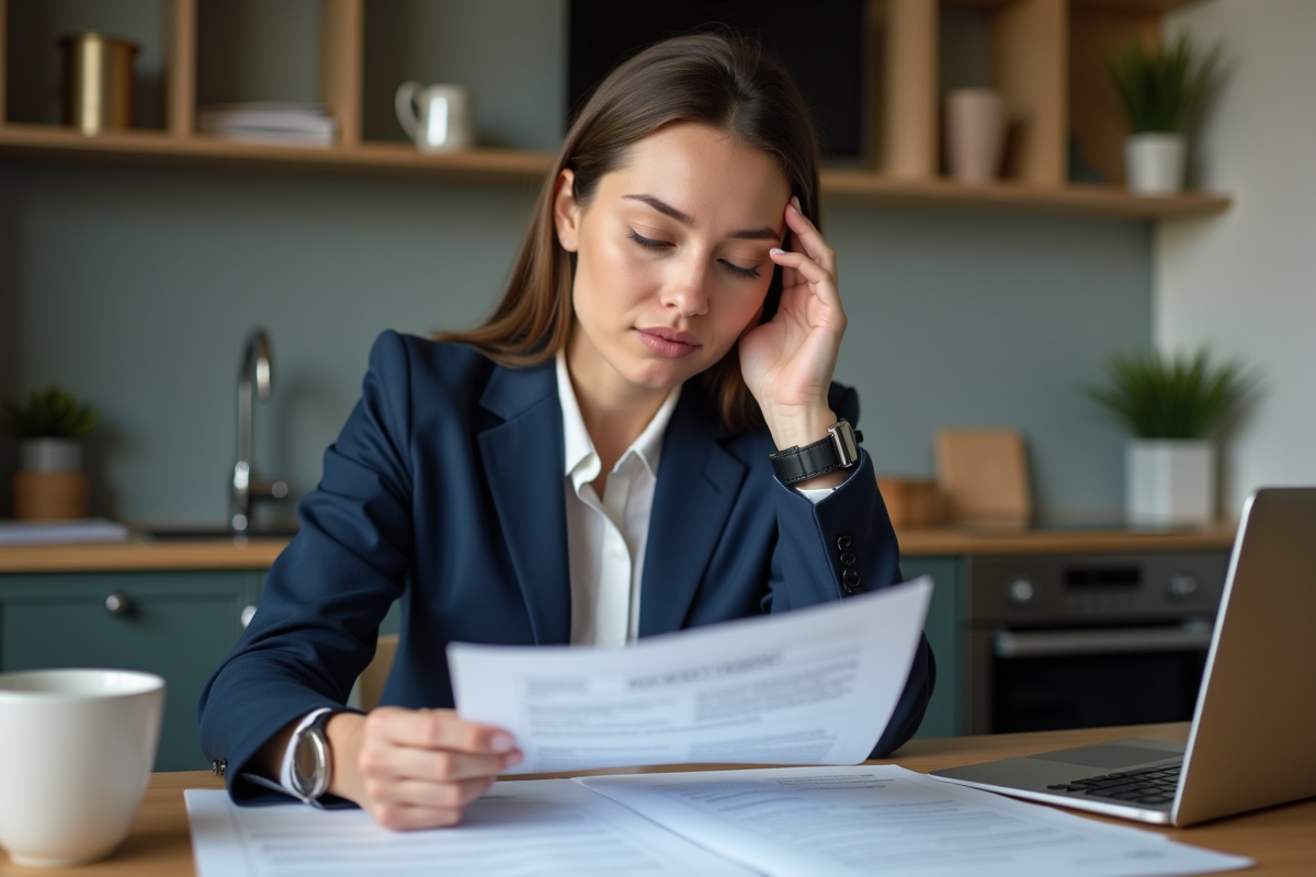 Femme d'affaires en costume lisant des documents dans une cuisine moderne