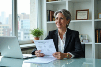 Femme d affaires examinant des documents de brevets dans un bureau moderne