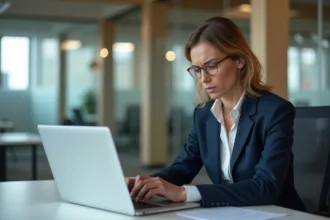 Femme d'affaires en costume navy dans un bureau moderne