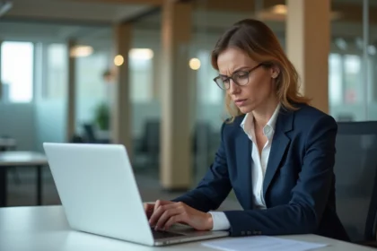 Femme d'affaires en costume navy dans un bureau moderne