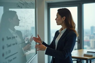 Femme d'affaires en blazer navy dans un bureau moderne