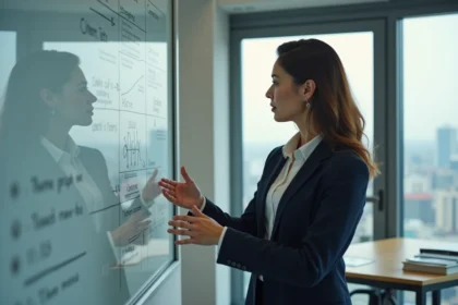 Femme d'affaires en blazer navy dans un bureau moderne