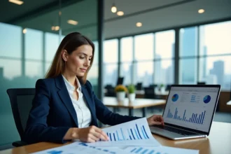 Femme professionnelle analysant des indicateurs économiques territoriaux pour un dossier de financement