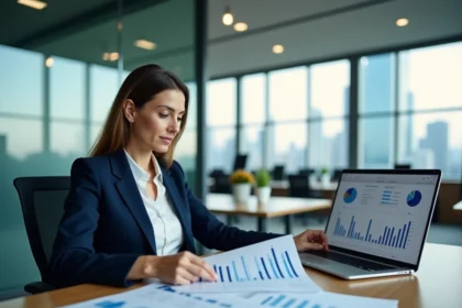 Femme professionnelle analysant des indicateurs économiques territoriaux pour un dossier de financement