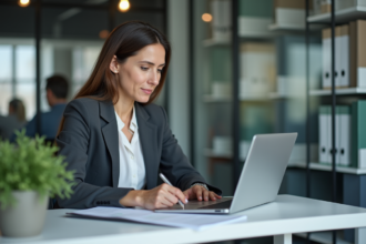 Femme d affaires concentrée en train de remplir un audit au bureau