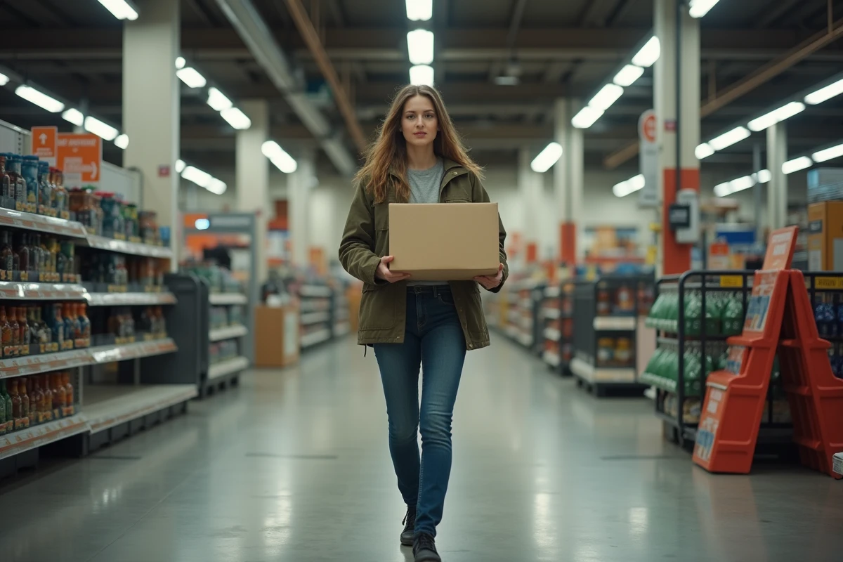 Jeune femme portant une boîte dans un magasin en transition