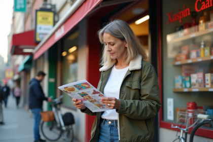 Femme d'âge moyen examine un flyer promotionnel en extérieur