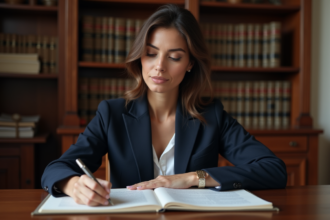 Femme avocate en costume navy consulte un code civil dans un bureau élégant