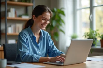 Jeune femme concentrée travaillant sur son ordinateur dans un bureau moderne