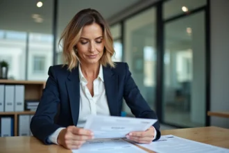 Femme professionnelle consultant des documents administratifs SIRET et SIREN dans un bureau moderne