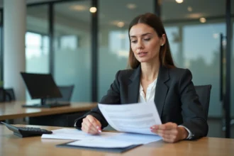 Femme d affaires au bureau avec documents et calculatrice