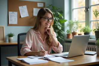 Jeune femme au bureau prenant des notes avec factures