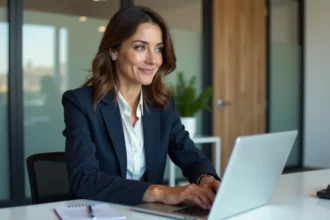 Femme en bureau moderne utilisant un ordinateur portable