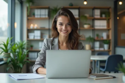 Jeune femme au bureau travaillant sur son ordinateur dans un espace moderne