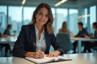 Femme confiante en business écrivant dans un carnet moderne