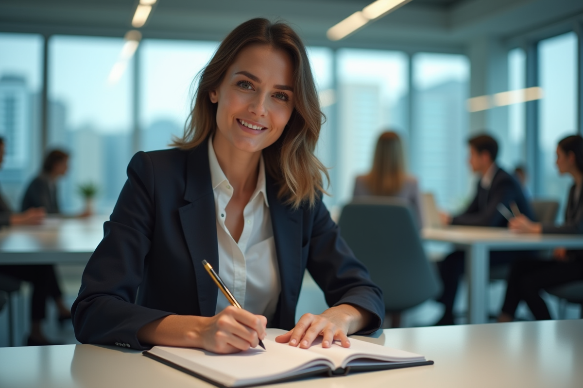 Femme confiante en business écrivant dans un carnet moderne