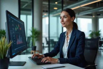 Femme cadre analysant des tableaux de bord financiers B2B sur ordinateur dans un bureau moderne