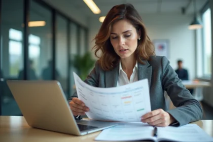 Femme cadre en entreprise analysant un calendrier annuel de jours travaillés 2026 à son bureau