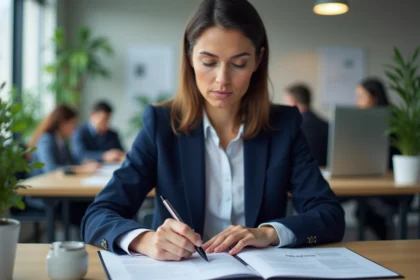 Femme cadre consultant le Code du travail à son bureau dans un open space professionnel