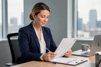 Femme cadre signant une lettre de rupture conventionnelle CDI dans un bureau professionnel moderne