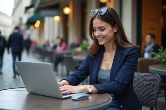 Femme souriante au café à Paris avec ordinateur portable