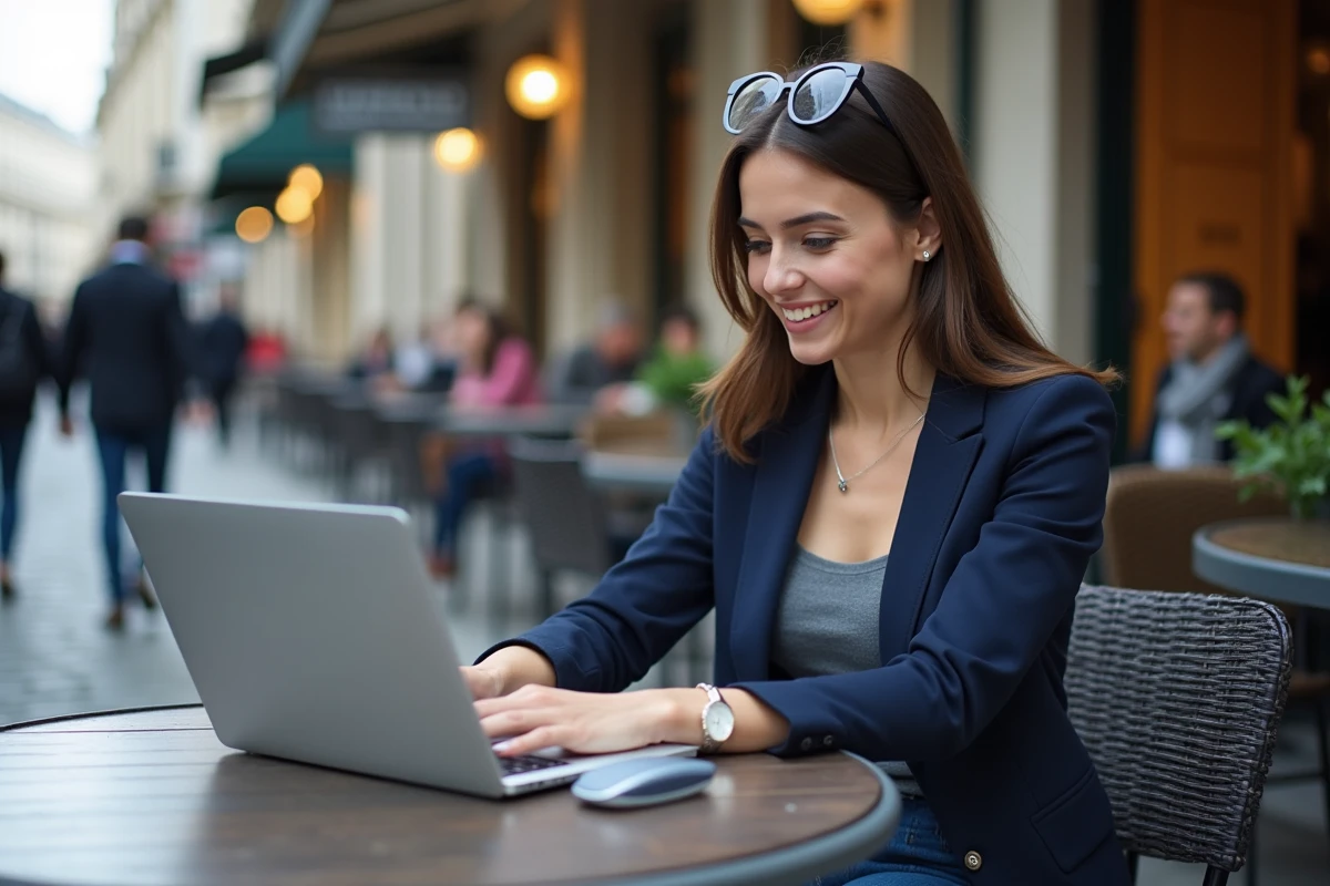 Femme souriante au café à Paris avec ordinateur portable