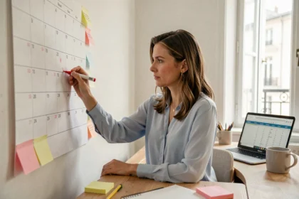 Femme marquant des jours fériés sur un calendrier 2026 dans un bureau parisien moderne