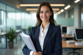 Femme confiante en blazer dans un bureau français officiel