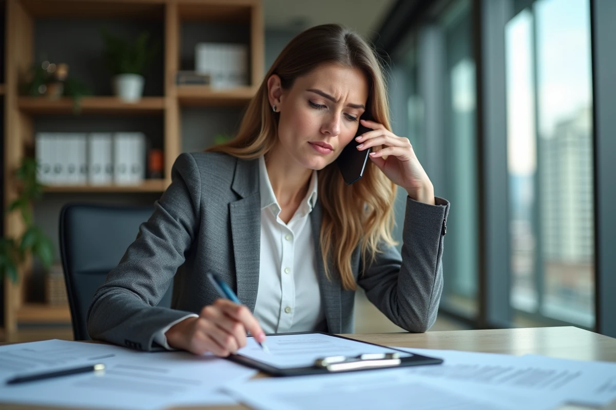 Femme en bureau discutant d'un contrat au téléphone
