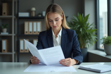 Femme professionnelle examine deux contrats au bureau
