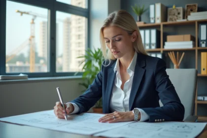 Femme d affaires examinant des contrats de construction dans un bureau