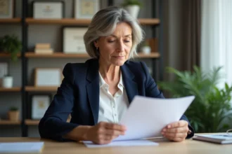 Femme professionnelle en veste marine rédigeant un courrier pour réclamer sa prime de médaille du travail à son bureau