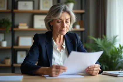 Femme professionnelle en veste marine rédigeant un courrier pour réclamer sa prime de médaille du travail à son bureau