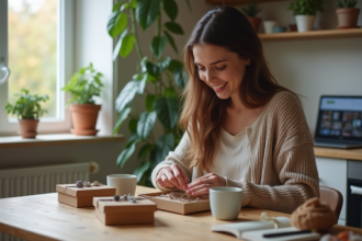 Femme en intérieur préparant des bijoux faits main