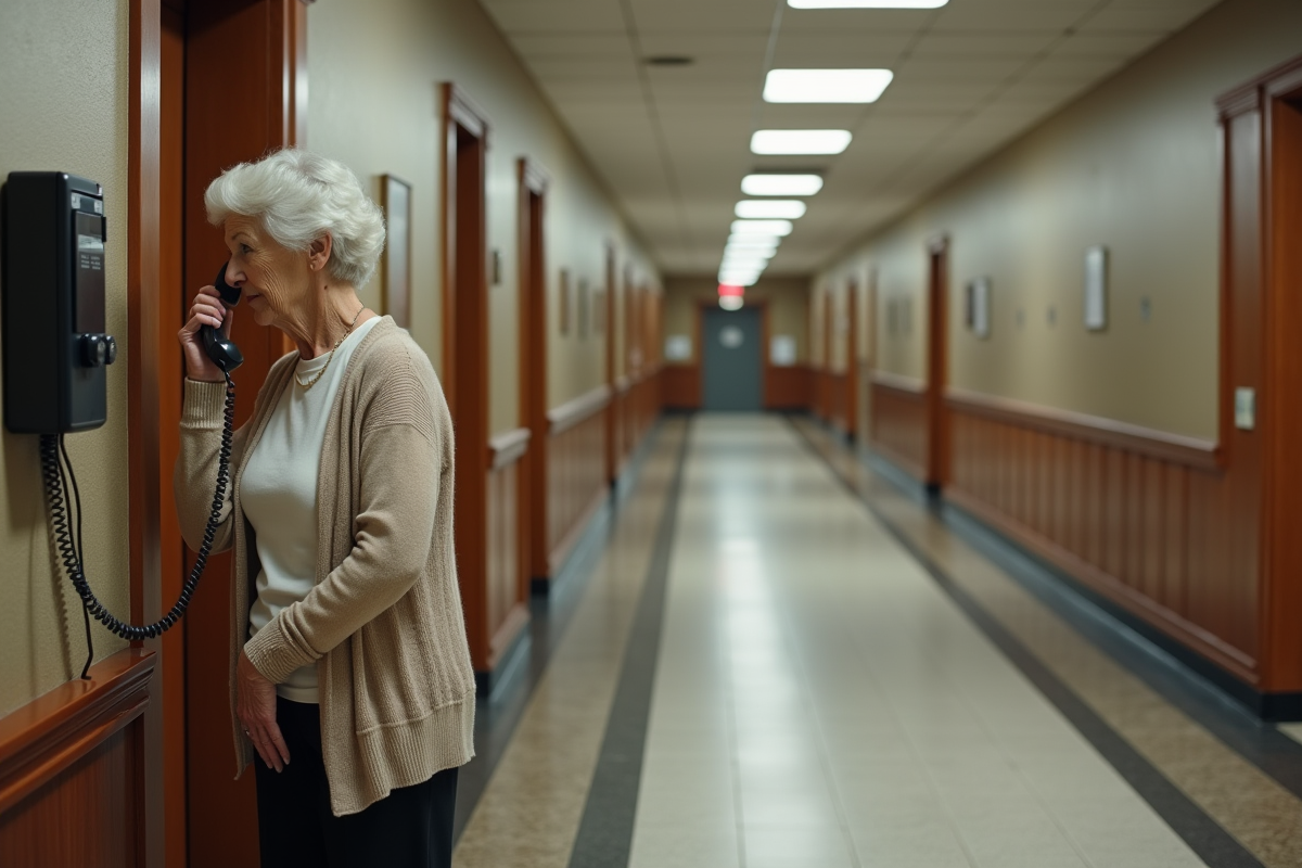 Femme âgée utilisant un téléphone dans un hall public