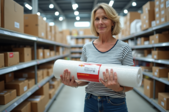 Femme française tenant un rouleau de bulle d'emballage dans un magasin