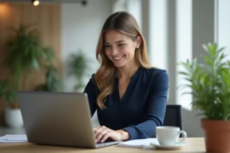 Femme professionnelle gérant ses factures en ligne sur un ordinateur portable dans un bureau moderne