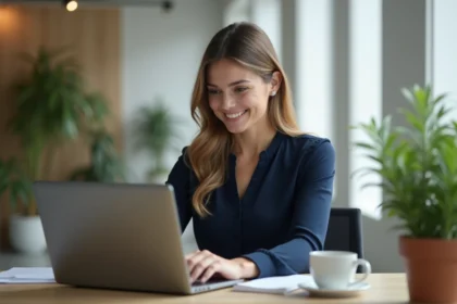 Femme professionnelle gérant ses factures en ligne sur un ordinateur portable dans un bureau moderne