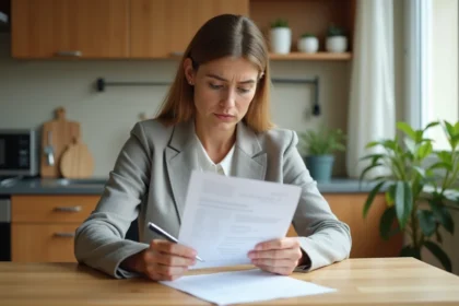 Femme lisant attentivement un contrat à domicile avant d'exercer son droit de rétractation