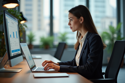 Femme en travail marketing dans un bureau moderne