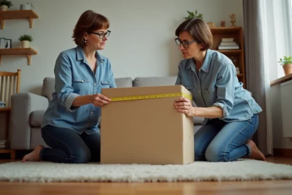 Femme mesurant un carton dans son salon pour un déménagement