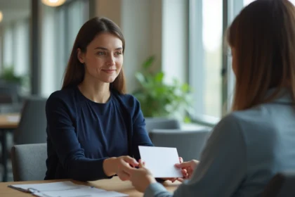 Femme modeste offrant une carte de condoleances à une collègue