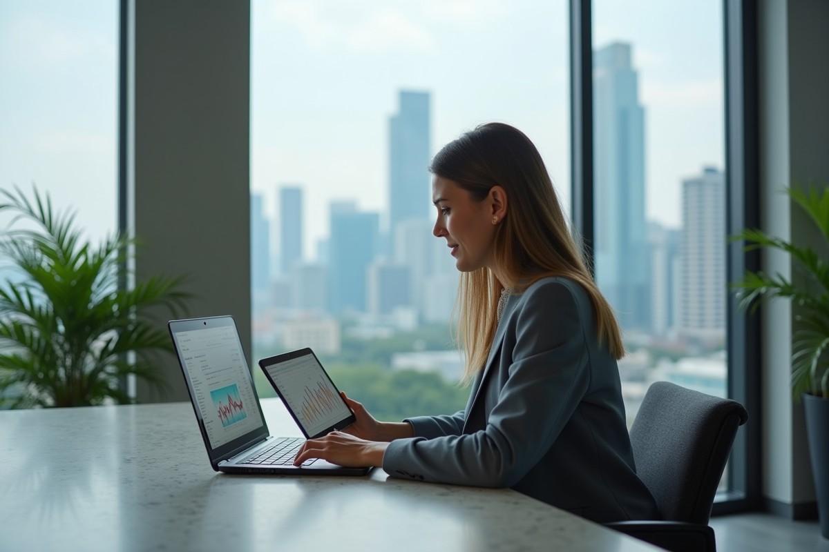 Jeune femme travaillant seul avec CRM près d