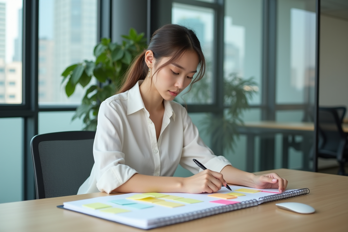 Jeune femme organisée avec notes colorées au bureau
