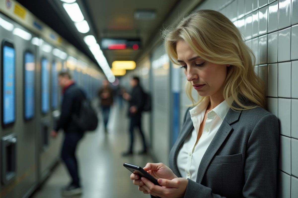Femme d affaires dans le métro parisien regardant son téléphone
