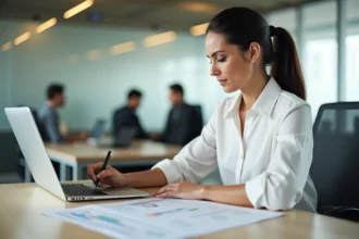 Femme consultant un planning variable au bureau pour comptabiliser ses heures de travail