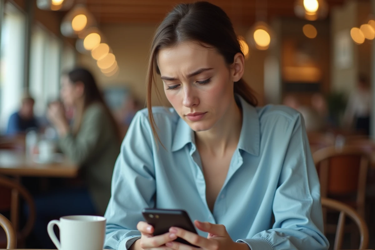 Femme perplexe tentant de se connecter à son compte Advango depuis son smartphone dans un café