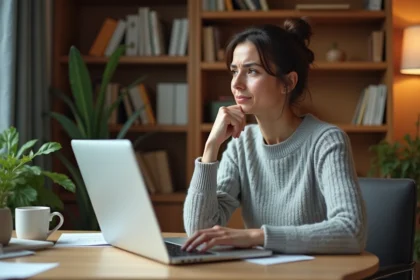 Femme frustrée devant son ordinateur portable essayant de se connecter à son compte MyPeopleDoc